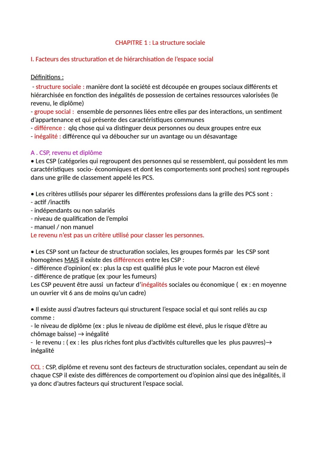 CHAPITRE 1: La structure sociale
1. Facteurs des structuration et de hiérarchisation de l'espace social
Définitions :
- structure sociale: m