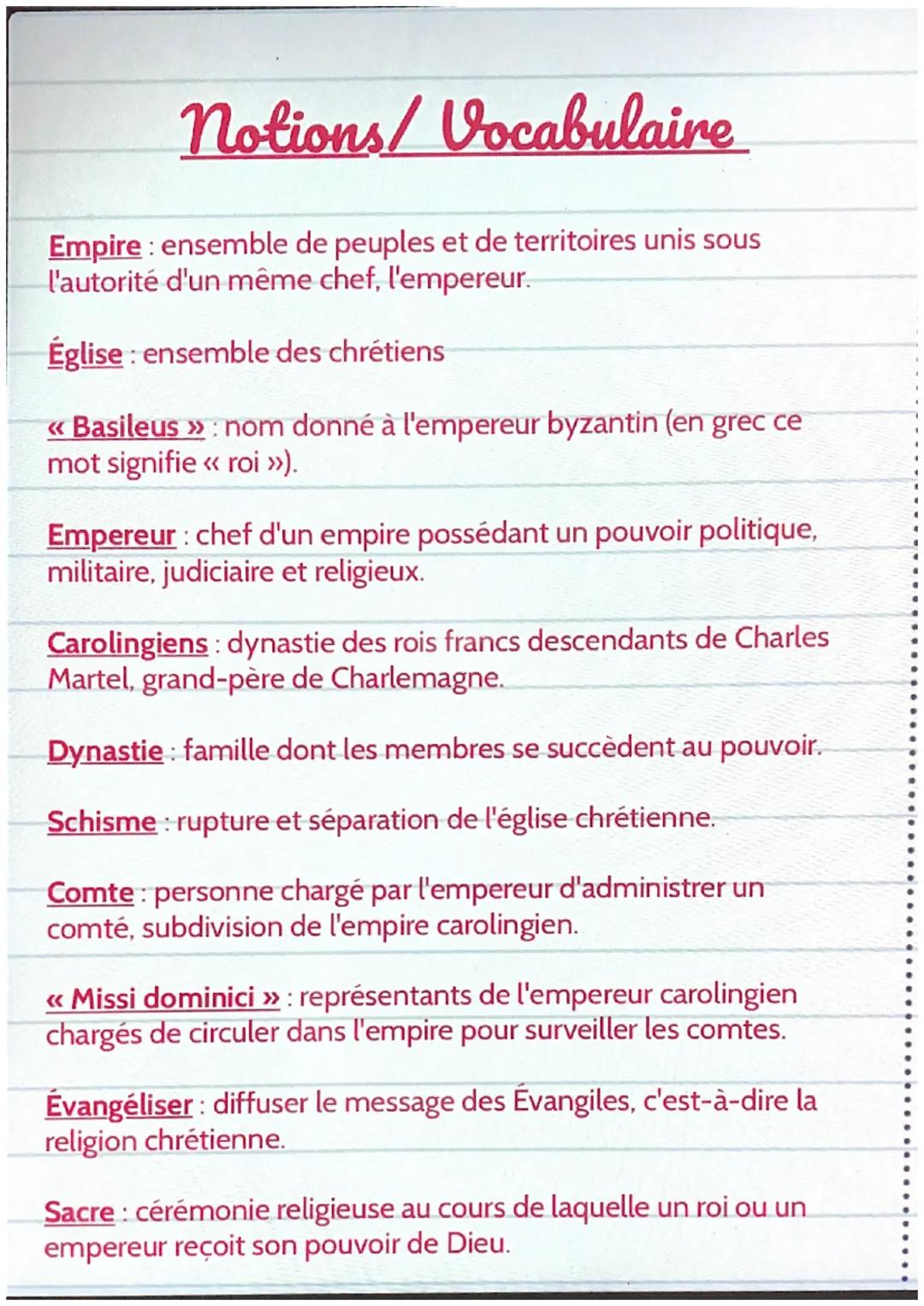 Notions/Vocabulaire
Empire: ensemble de peuples et de territoires unis sous
l'autorité d'un même chef, l'empereur.
Église: ensemble des chré