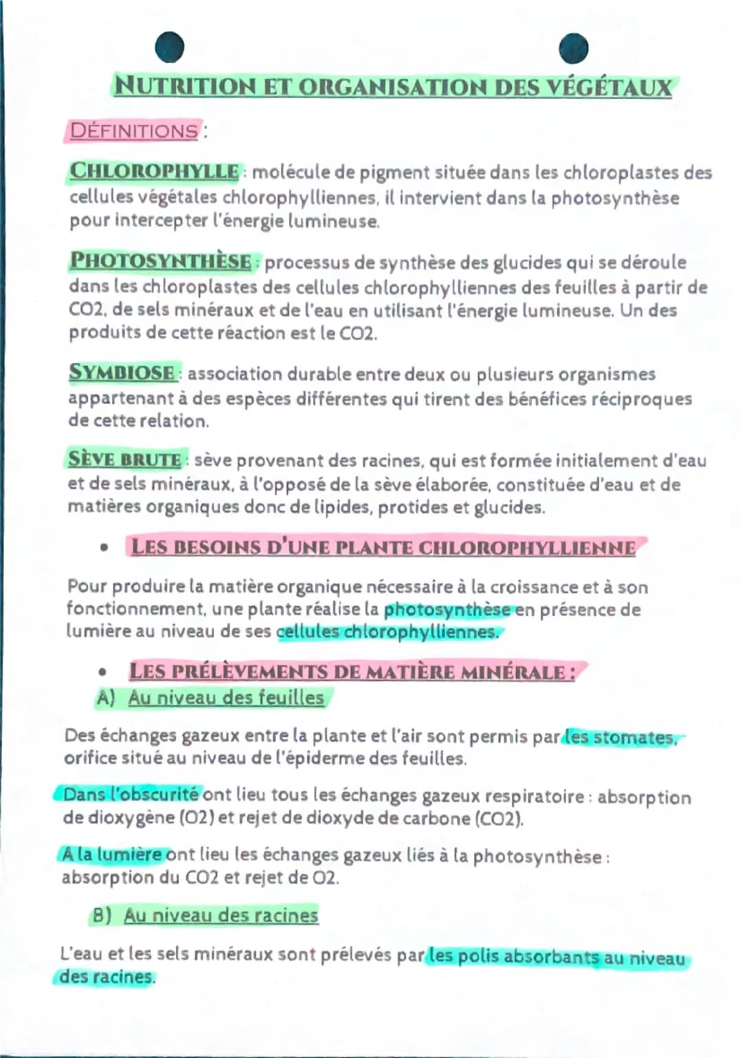 # NUTRITION ET ORGANISATION DES VÉGÉTAUX

DÉFINITIONS:

CHLOROPHYLLE: molécule de pigment située dans les chloroplastes des
cellules végétal
