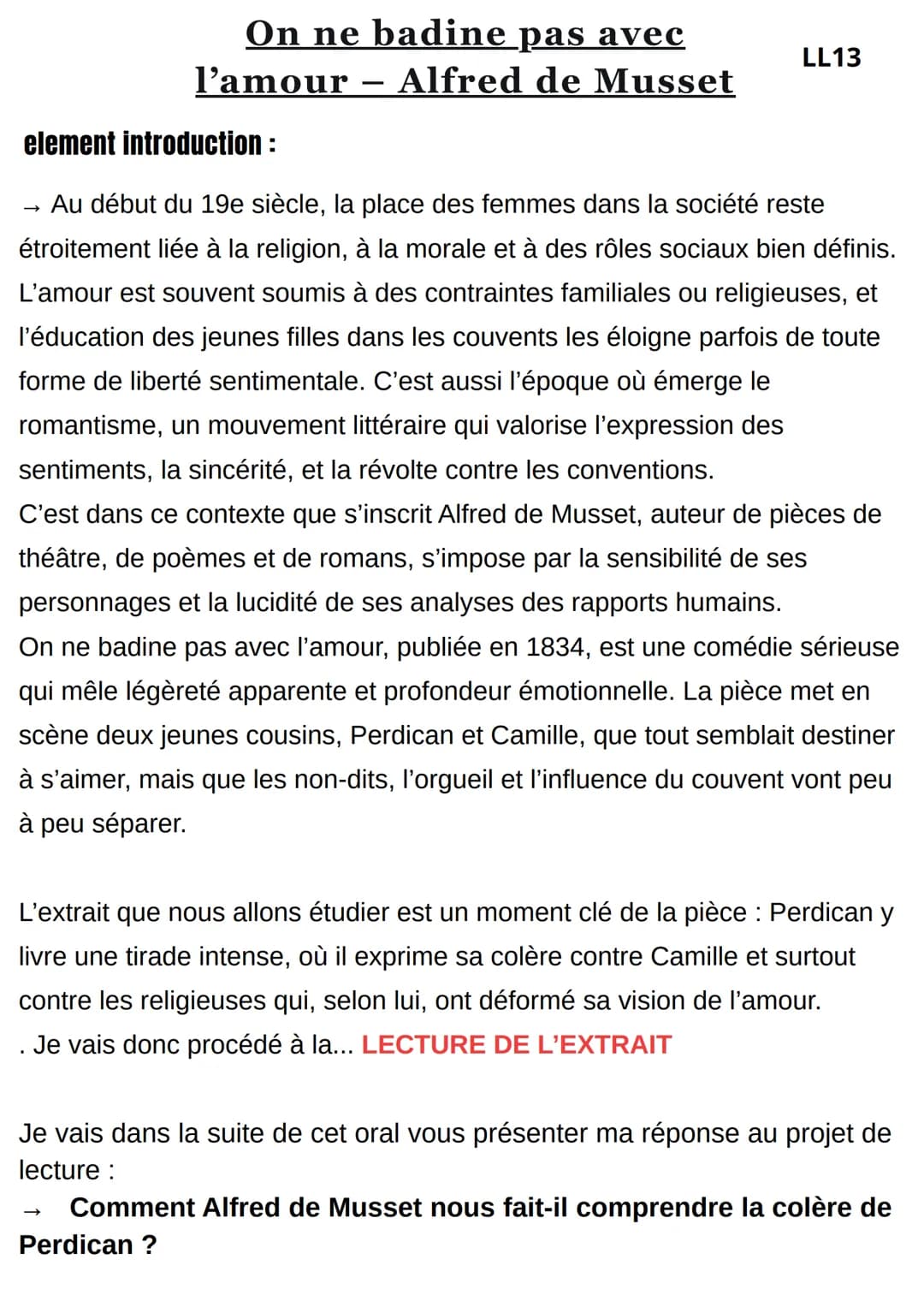 On ne badine pas avec
l'amour - Alfred de Musset
element introduction:
LL13
→ Au début du 19e siècle, la place des femmes dans la société re