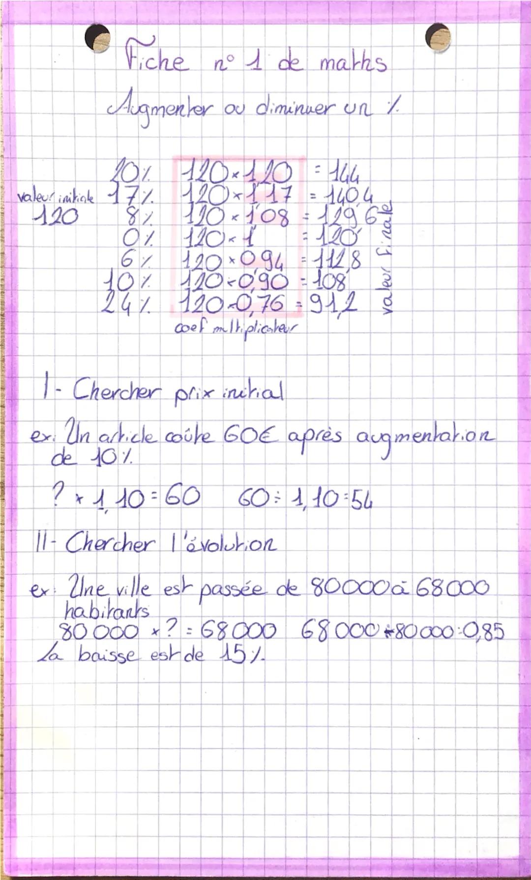 Fiche nº 1 de marks.

Augmenter ou diminuer un %

20% 120×120 = 144
valeur initiale 17% 120x117 = 1404
8% 120×108=1296
0% 120-1 = 120
6/ 120