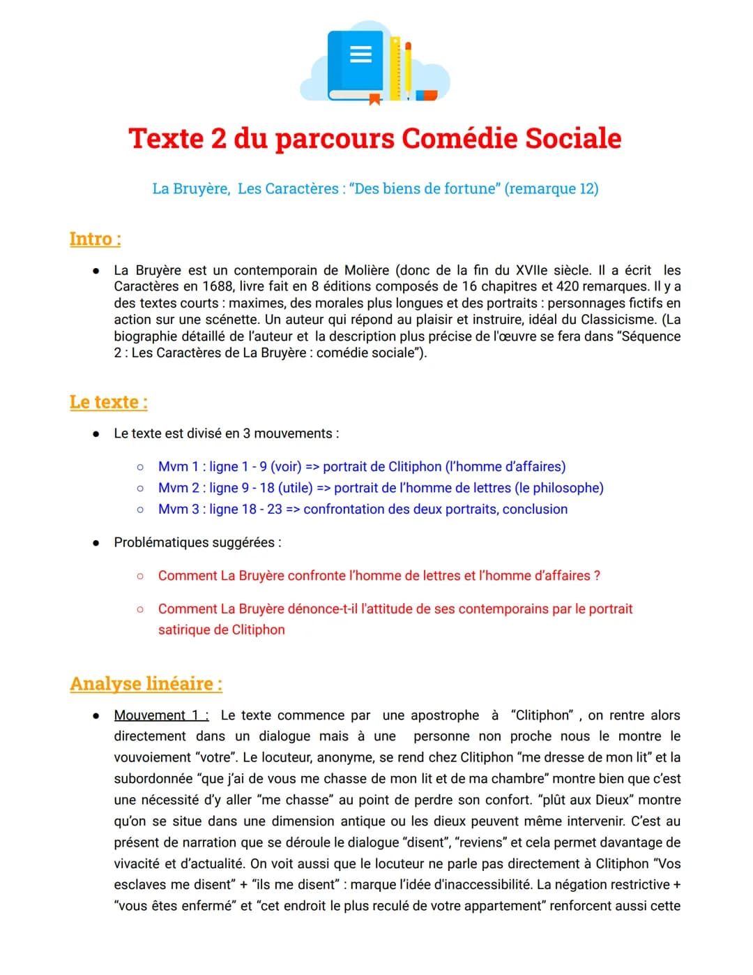 Texte 2 du parcours Comédie Sociale
La Bruyère, Les Caractères: "Des biens de fortune" (remarque 12)
Intro:
● La Bruyère est un contemporain