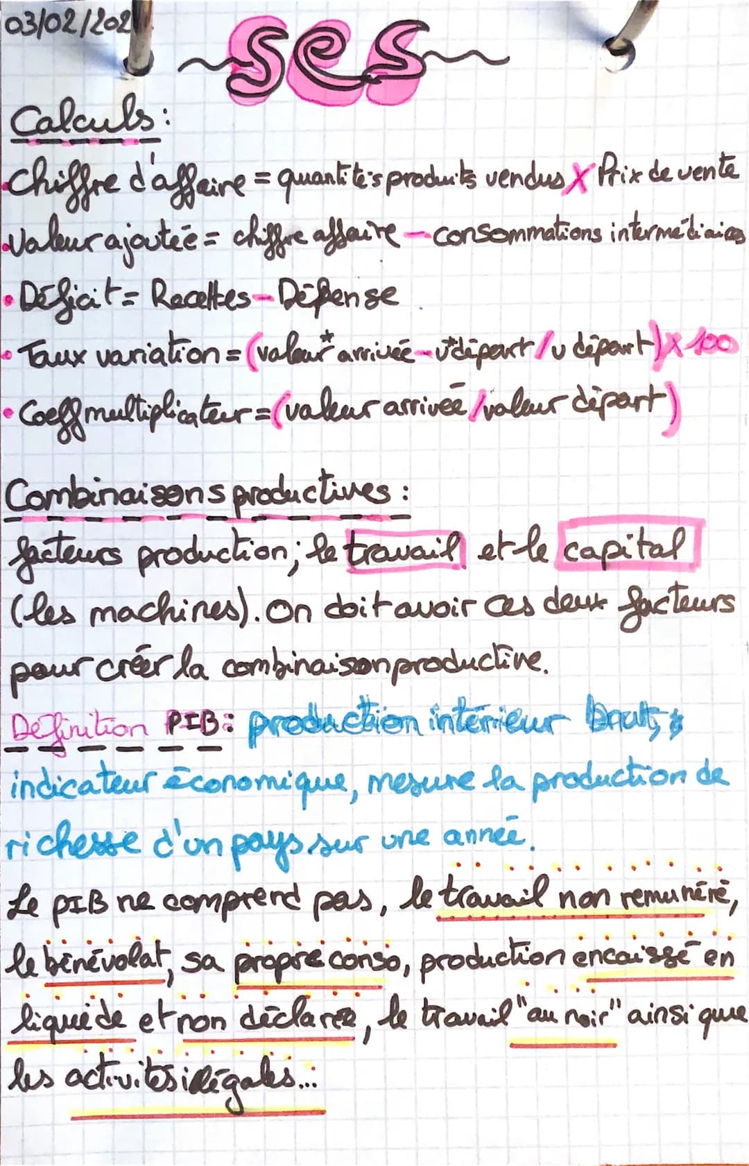 03/02/202
ses
Calculs:
chiffre d'affaire = quantite's produits vendus X Prix de vente
valeur ajoutée = chiffre affaire - consommations inter