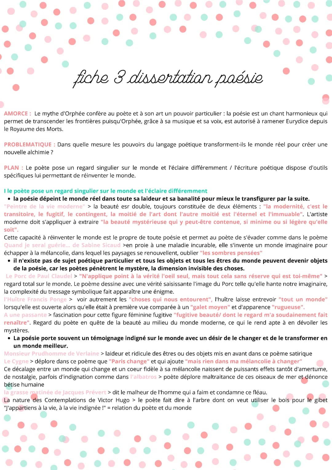 Fiche de Révision Poésie Bac Français 2024: Dissertation, Alchimie Poétique, Mythe d'Orphée, PDF