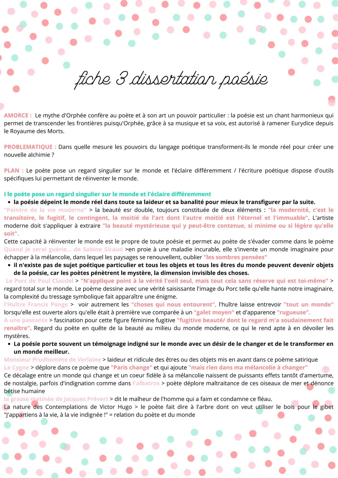 fiche 3 dissertatian paésie
AMORCE: Le mythe d'Orphée confère au poète et à son art un pouvoir particulier : la poésie est un chant harmonie