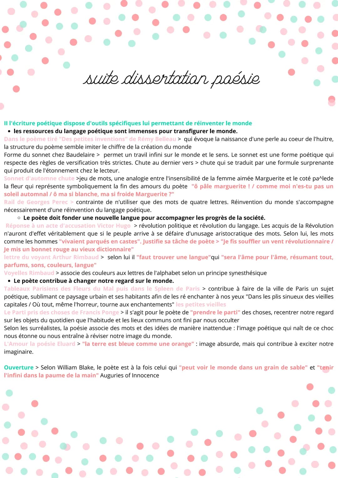 fiche 3 dissertatian paésie
AMORCE: Le mythe d'Orphée confère au poète et à son art un pouvoir particulier : la poésie est un chant harmonie