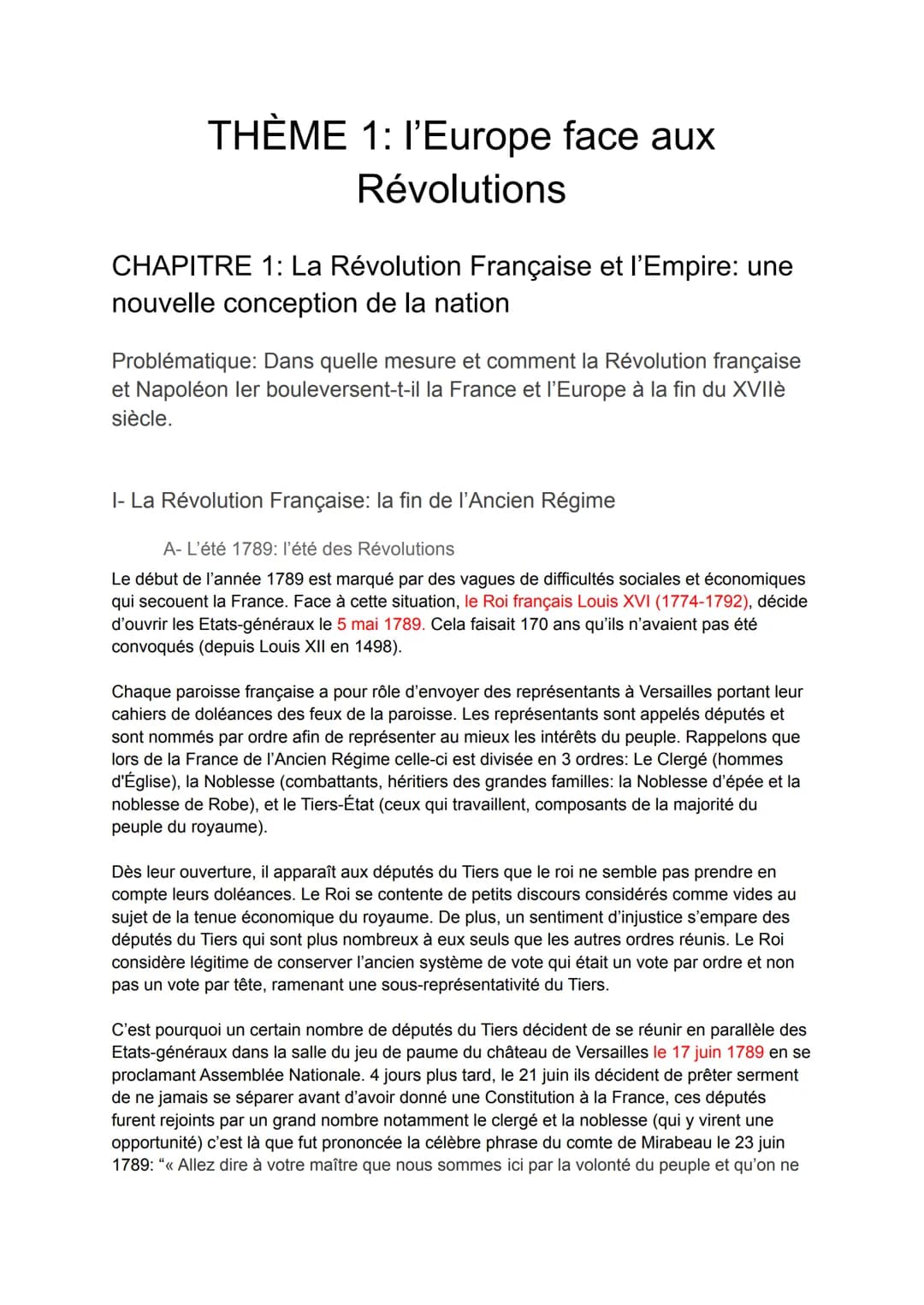 THÈME 1: I'Europe face aux
Révolutions
CHAPITRE 1: La Révolution Française et l'Empire: une
nouvelle conception de la nation
Problématique: 