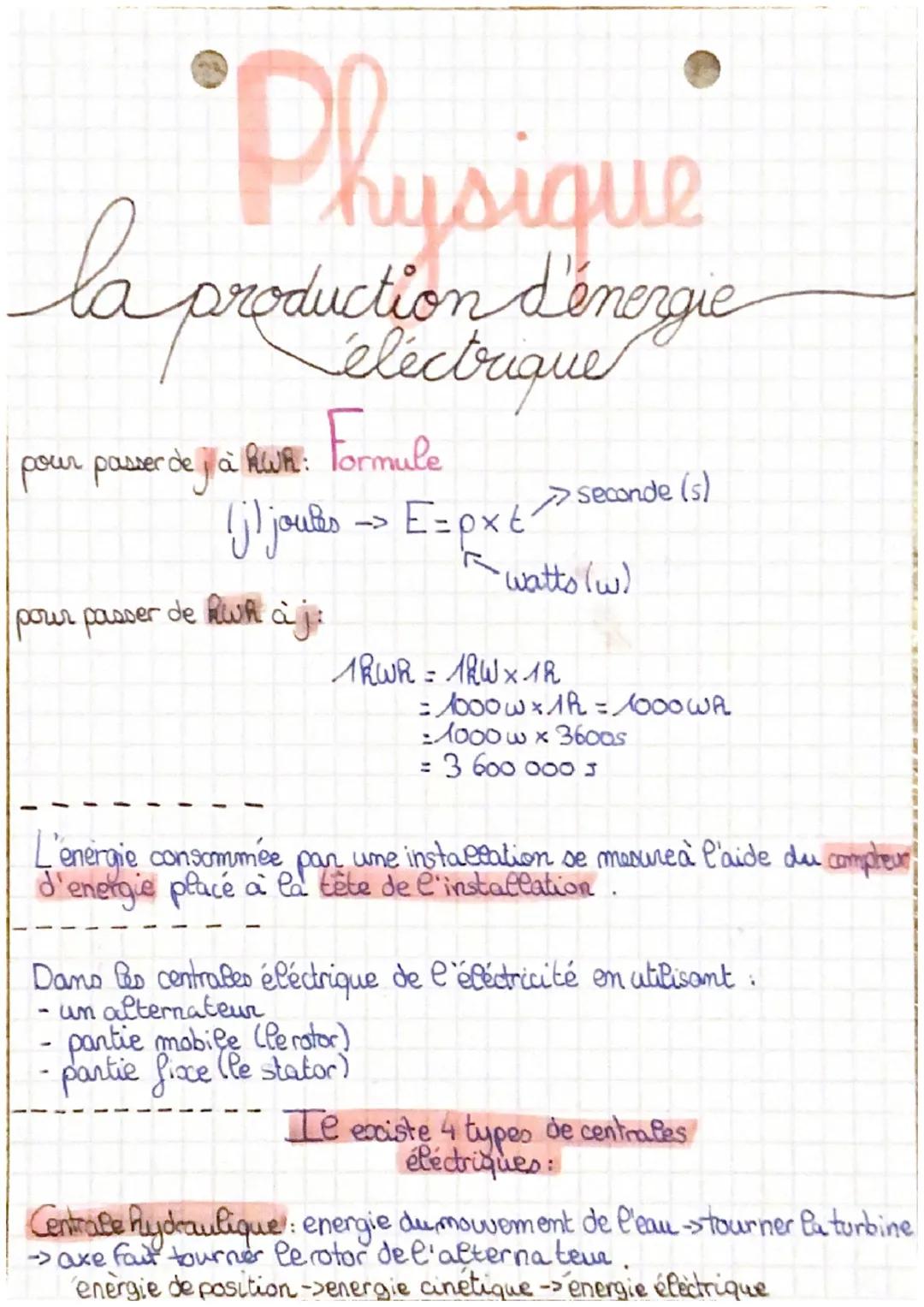 # Physique

la production d'enezue
d'énergie
electrique

pour passer de ja RWR: Formule

(j) joules -> $E=p \times t$ seconde (s)

watts (w)
