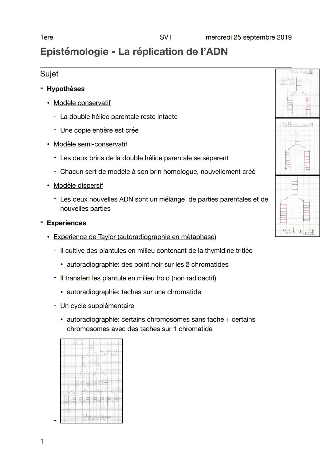 1ere
SVT
Epistémologie - La réplication de l'ADN
Sujet
1
Hypothèses
. Modèle conservatif
- La double hélice parentale reste intacte
- Une co