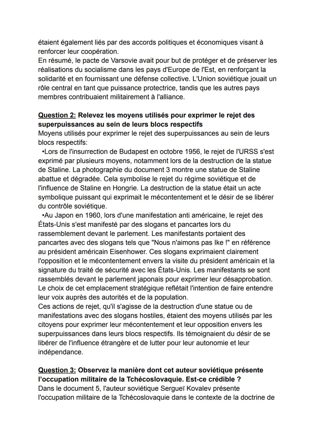 -DM Histoire-
Question 1: Recensez les buts affichés du pacte de Varsovie et le rôle
des Etats qui le composent.
Le pacte de Varsovie était 