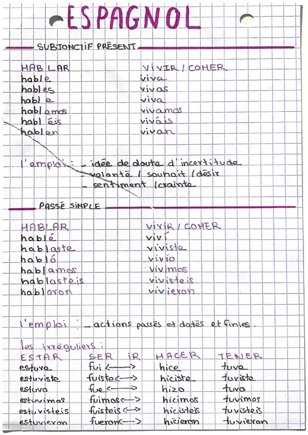 -ESPAGNOL

SUBJONCTIF PRESENT.

HAB LAR
VIVIR/COMER
hable
viva
hables
vivas
hable
viva
habl omos
vivamos
habl eis
vivais
hablen
vivan

l'emp