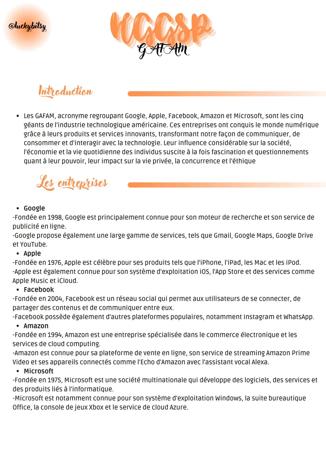 @luckybitsy
HOCSP
GAFAM
Introduction
• Les GAFAM, acronyme regroupant Google, Apple, Facebook, Amazon et Microsoft, sont les cinq
géants de 