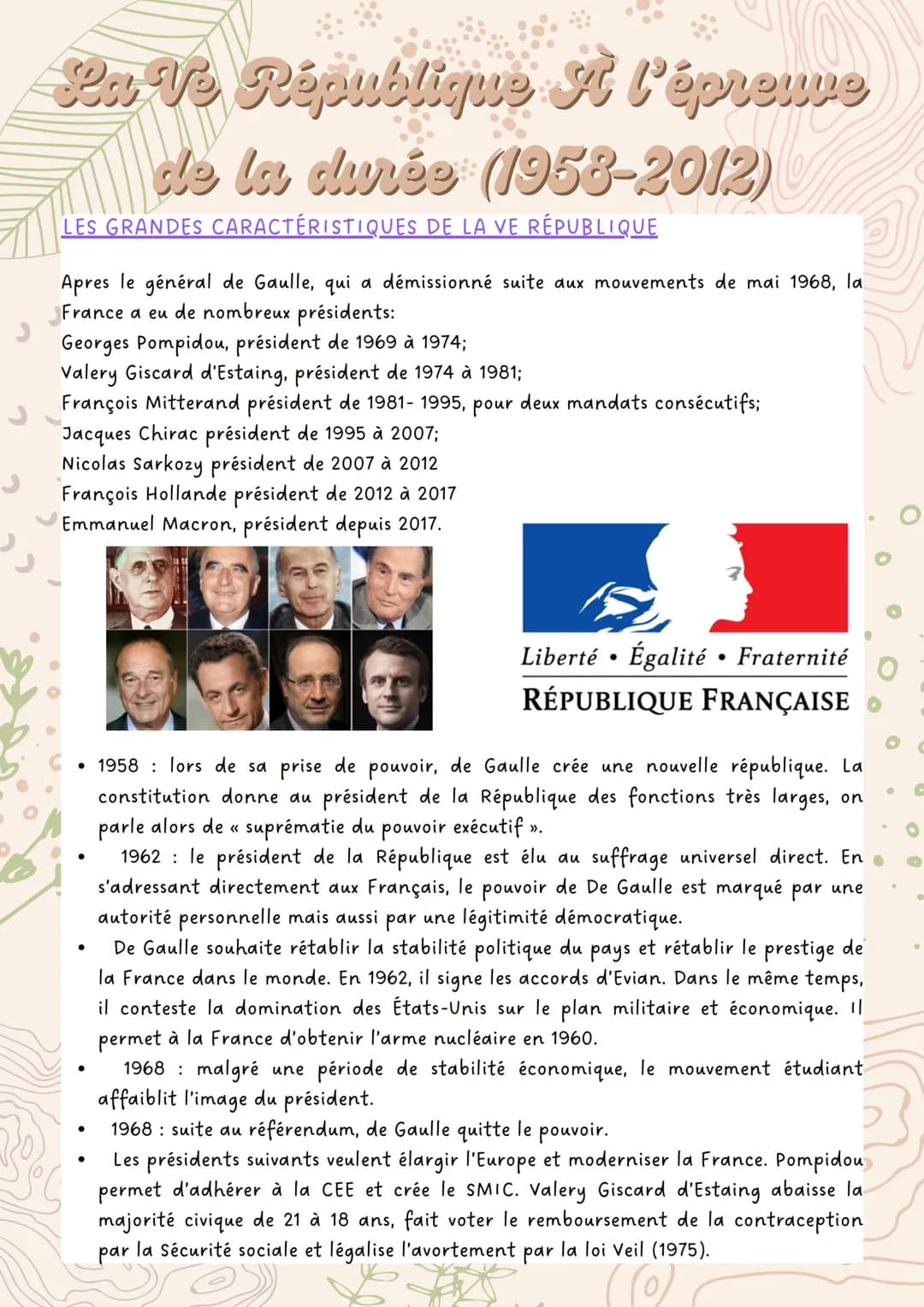 La Ve République At l'épreuve
de la durée (1958-2012)
LES GRANDES CARACTÉRISTIQUES DE LA VE RÉPUBLIQUE
Apres le général de Gaulle, qui a dém