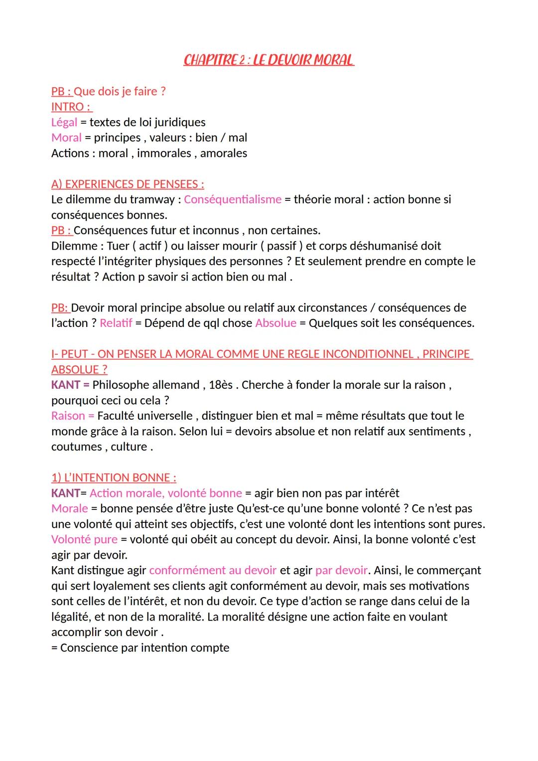 PB: Que dois je faire ?
INTRO:
CHAPITRE 2: LE DEVOIR MORAL
Légal = textes de loi juridiques
Moral = principes, valeurs : bien / mal
Actions 