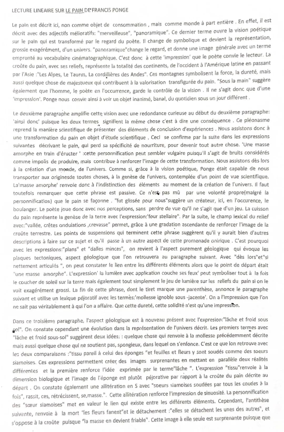 Analyse linéaire « Le Pain » de Francis Ponge