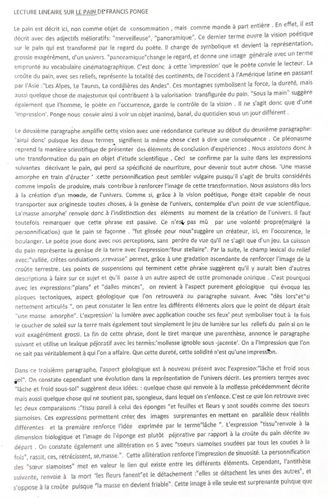 LECTURE LINEAIRE SUR LE PAIN DE FRANCIS PONGE
Le pain est décrit ici, non comme objet de consommation, mais comme monde à part entière. En e