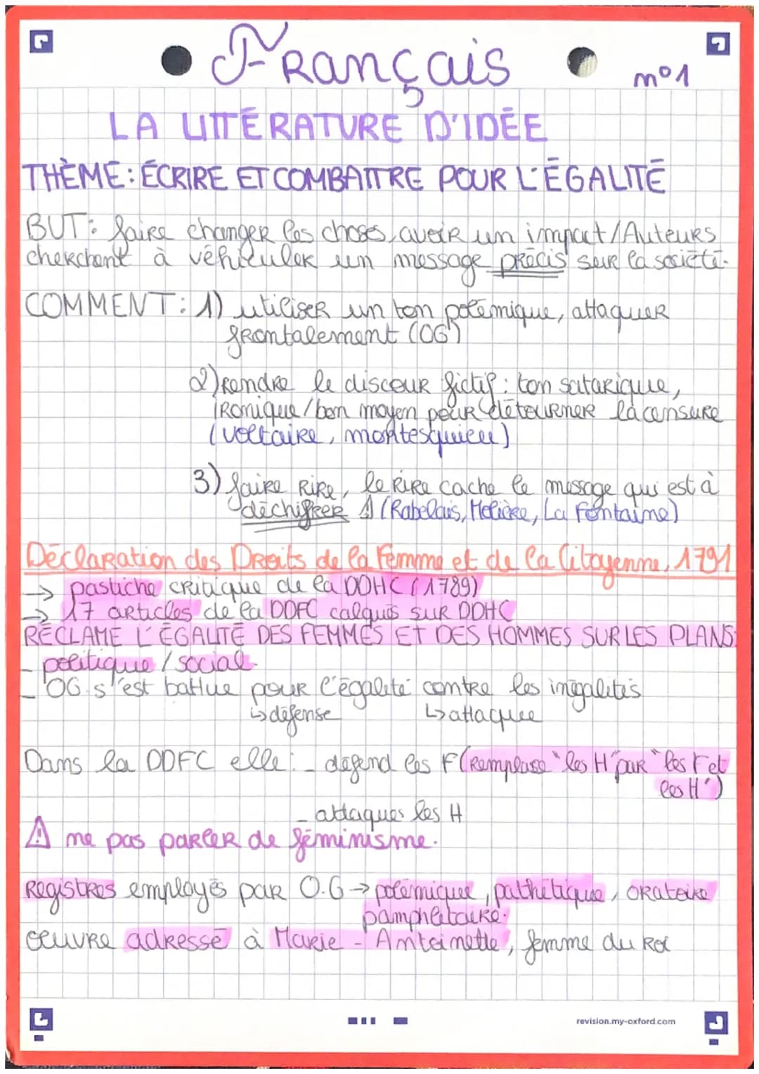 Français
LA LITERATURE D'IDÉE
THEME: ÉCRIRE ET COMBATTRE POUR L'ÉGALITÉ
BUT : faire changer les choses, avere un impact / Auteurs
cherchent 