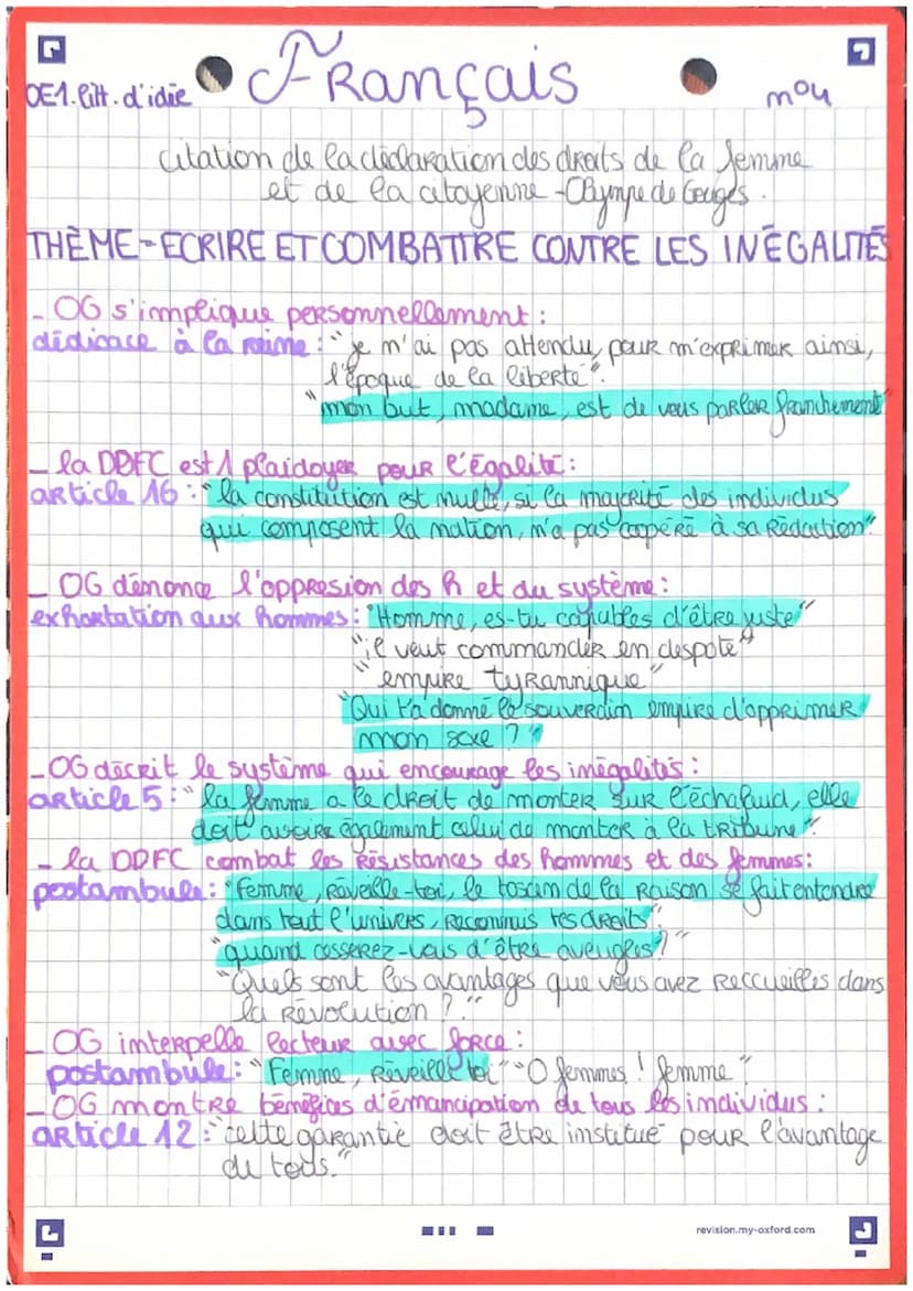 Français
LA LITERATURE D'IDÉE
THEME: ÉCRIRE ET COMBATTRE POUR L'ÉGALITÉ
BUT : faire changer les choses, avere un impact / Auteurs
cherchent 