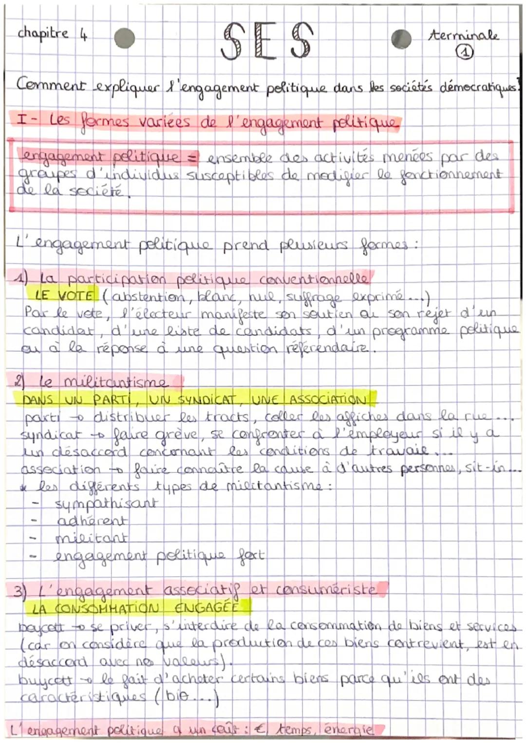 SES
Comment expliquer l'engagement politique dans les sociétés démocratiques!
I- Les formes variées de l'engagement politique
chapitre 4
eng