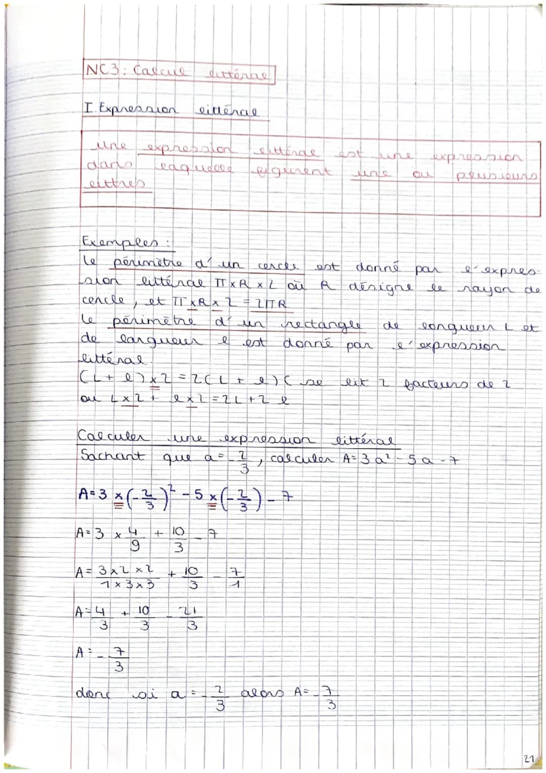 NC3: Calcul littéral
I Expression litteral
une
eithres
Exemples
le périmètre a un
sion
cencle
expression
laquelle regement
le périmètre
de
l