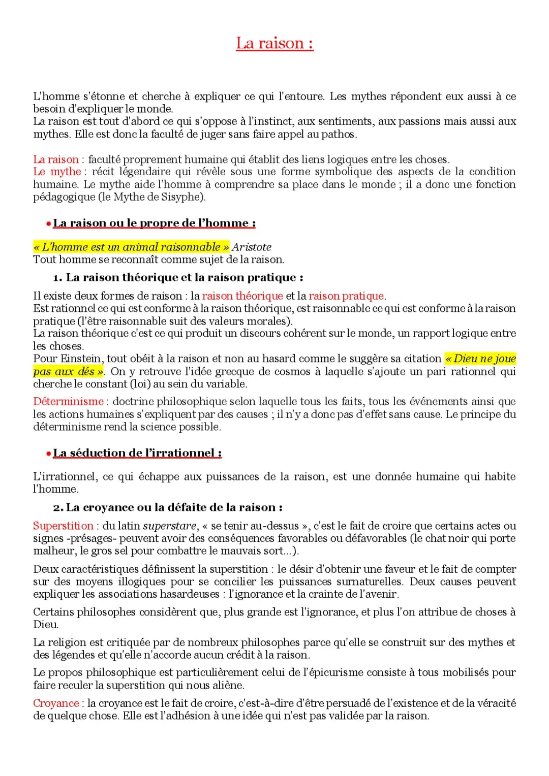Cours Philo Terminale: La raison et les mythes
