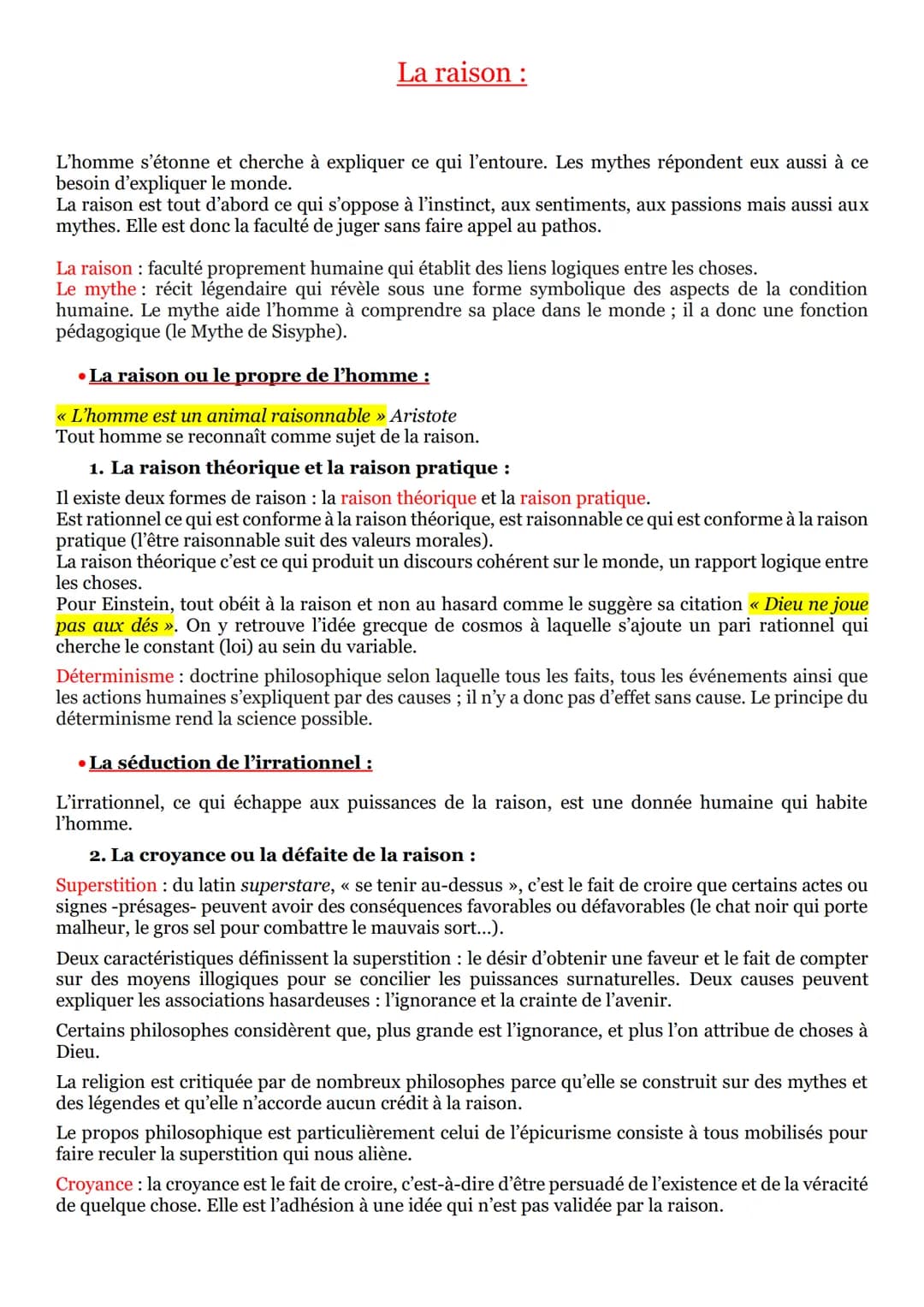 La raison :
L'homme s'étonne et cherche à expliquer ce qui l'entoure. Les mythes répondent eux aussi à ce
besoin d'expliquer le monde.
La ra