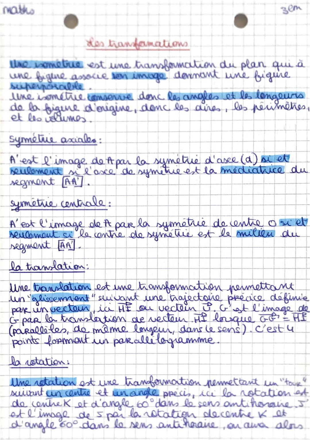 maths
зем
Les tranfamations
une isométrie est une transformation du plan qui à
une figine associe son image donnant une figure.
superposable