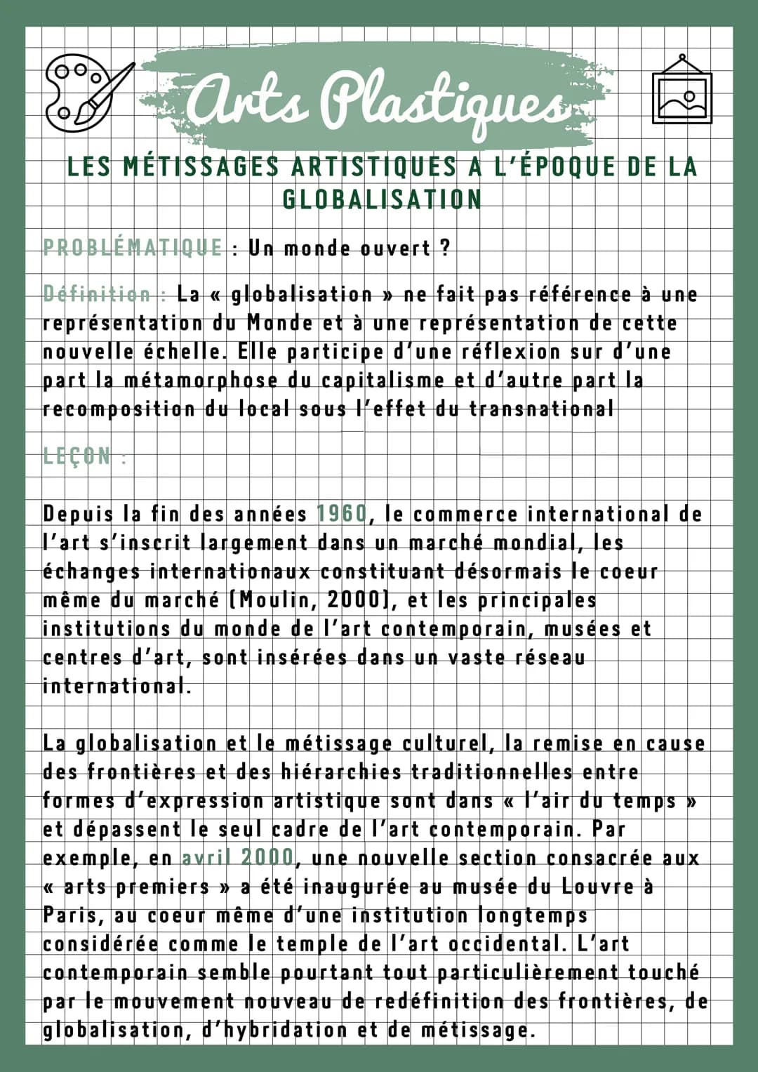 Arts Plastiques
LES MÉTISSAGES ARTISTIQUES A L'ÉPOQUE DE LA
GLOBALISATION
PROBLÉMATIQUE : Un monde ouvert?
Définition: La « globalisation » 