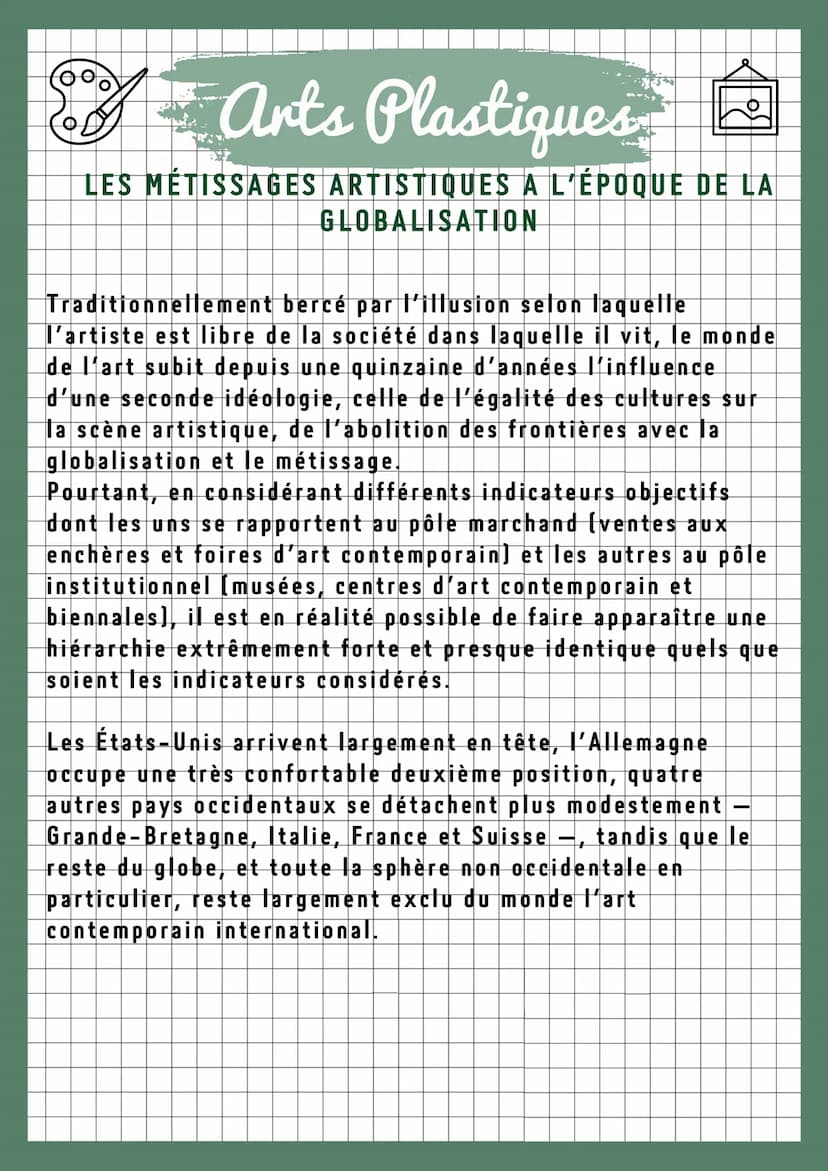 Arts Plastiques
LES MÉTISSAGES ARTISTIQUES A L'ÉPOQUE DE LA
GLOBALISATION
PROBLÉMATIQUE : Un monde ouvert?
Définition: La « globalisation » 
