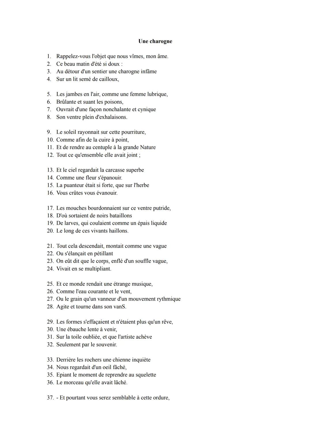 Une charogne

1. Rappelez-vous l'objet que nous vîmes, mon âme.
2. Ce beau matin d'été si doux:
3. Au détour d'un sentier une charogne infâm