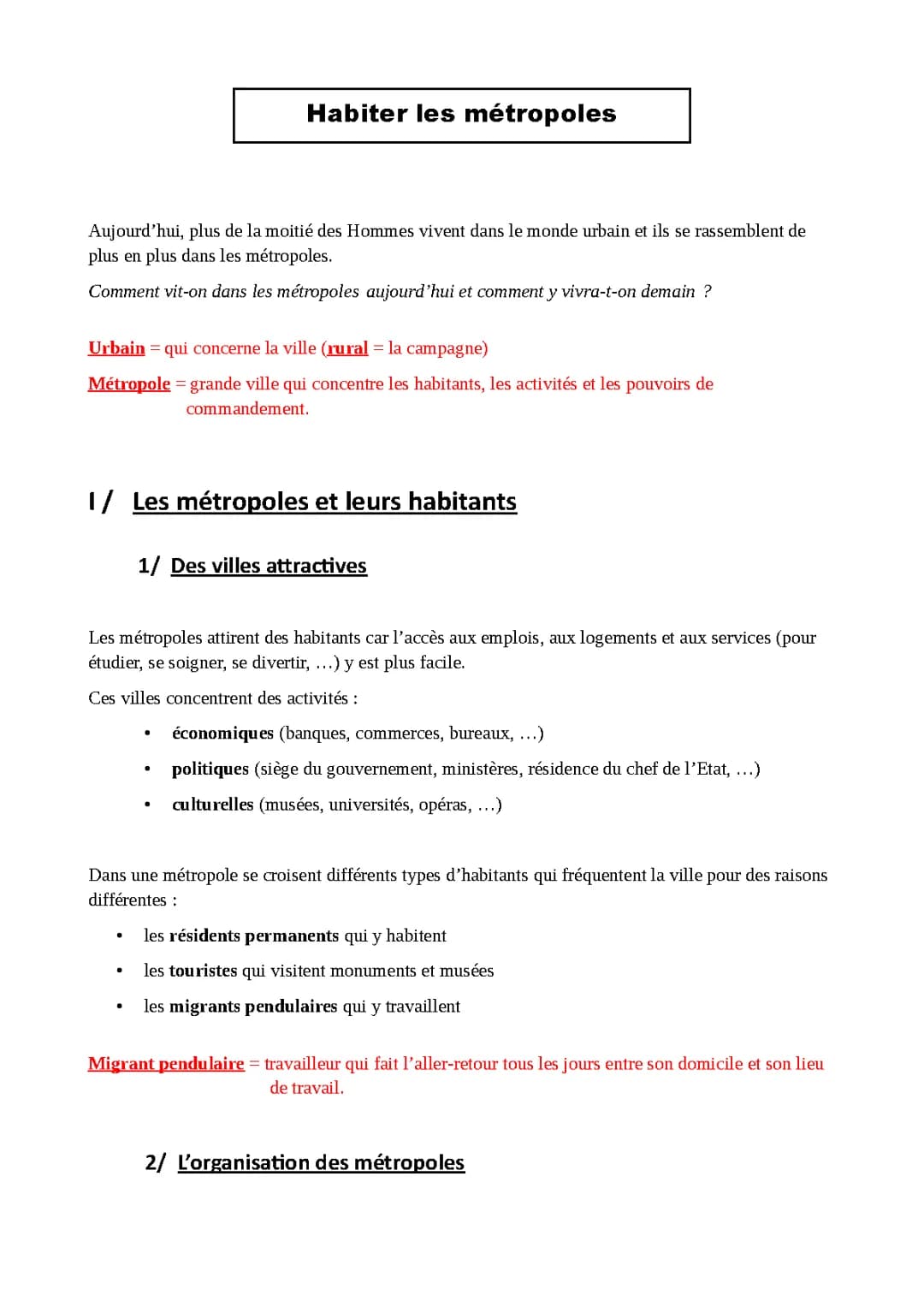 Les métropoles et leurs habitants - Évaluation 6ème et cours en PDF