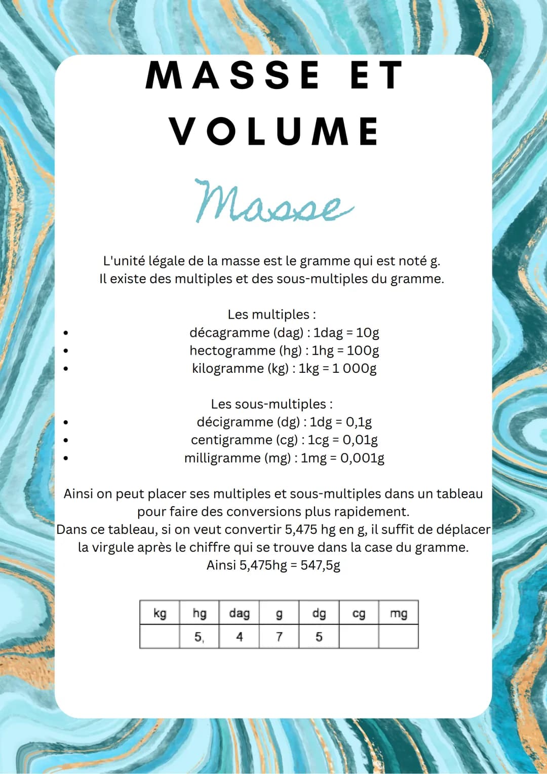 MASSE ET
VOLUME
Masse
L'unité légale de la masse est le gramme qui est noté g.
Il existe des multiples et des sous-multiples du gramme.
Les 