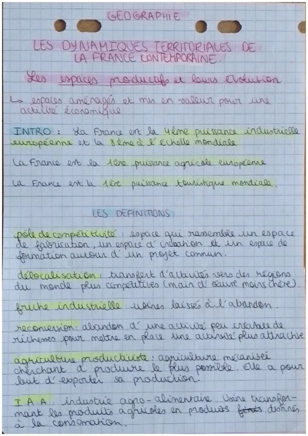GEOGRAPHIE
LES DYNAMIQUES TERRITORIALES DE
LA FRANCE CONTEMPORAINE
Les espaces productifs et leurs evolution
et mis en valeur pour une
↳ esp