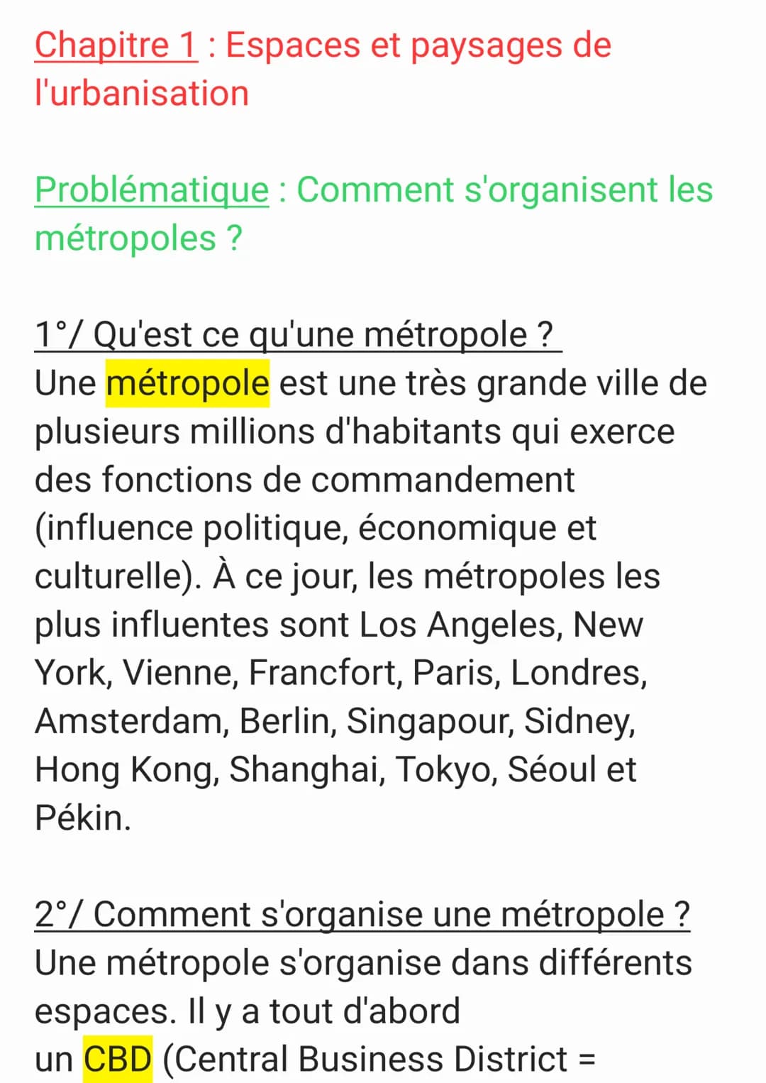 Chapitre 1: Espaces et paysages de
l'urbanisation
Problématique : Comment s'organisent les
métropoles ?
1°/ Qu'est ce qu'une métropole ?
Une