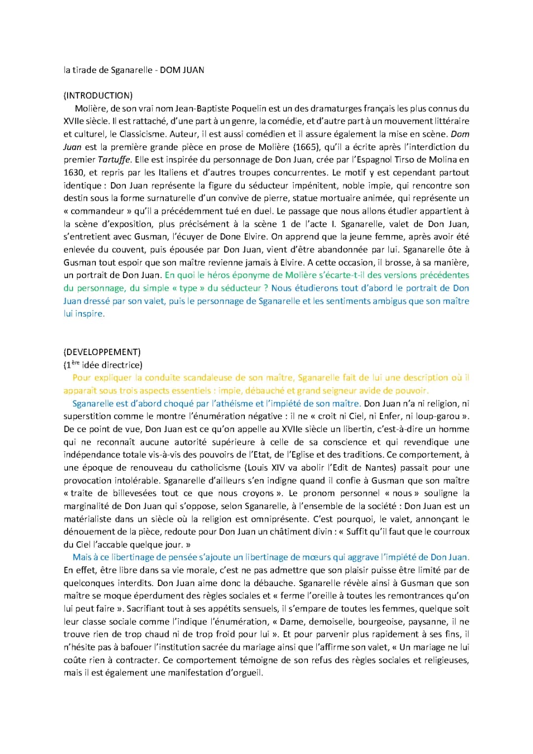dissertation Molière - la tirade de sganarelle 