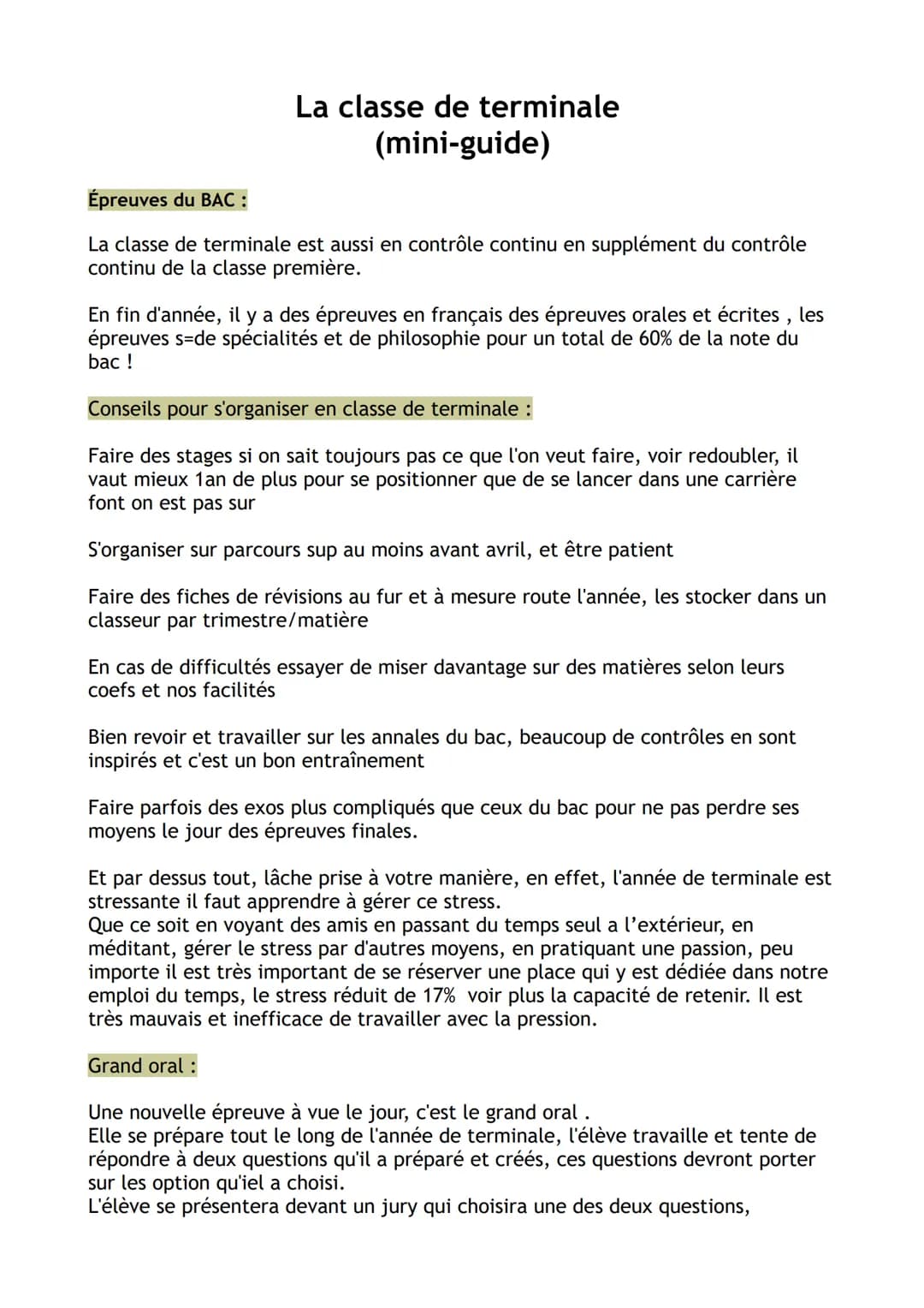 La classe de terminale
(mini-guide)
Épreuves du BAC :
La classe de terminale est aussi en contrôle continu en supplément du contrôle
continu
