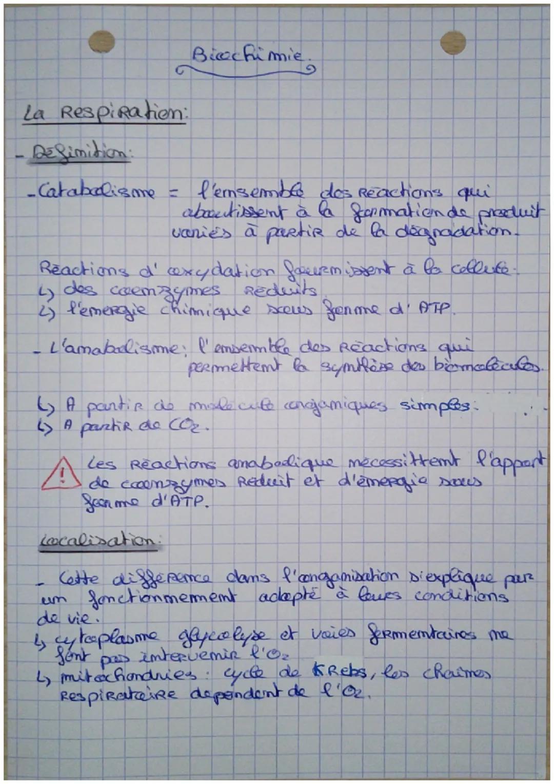 Bicechimie

La Respiration:

Definition:

-Catabolisme =
l'emsemble des Reactions qui
abacutissent à la formationd
vaniés à partir de la deg