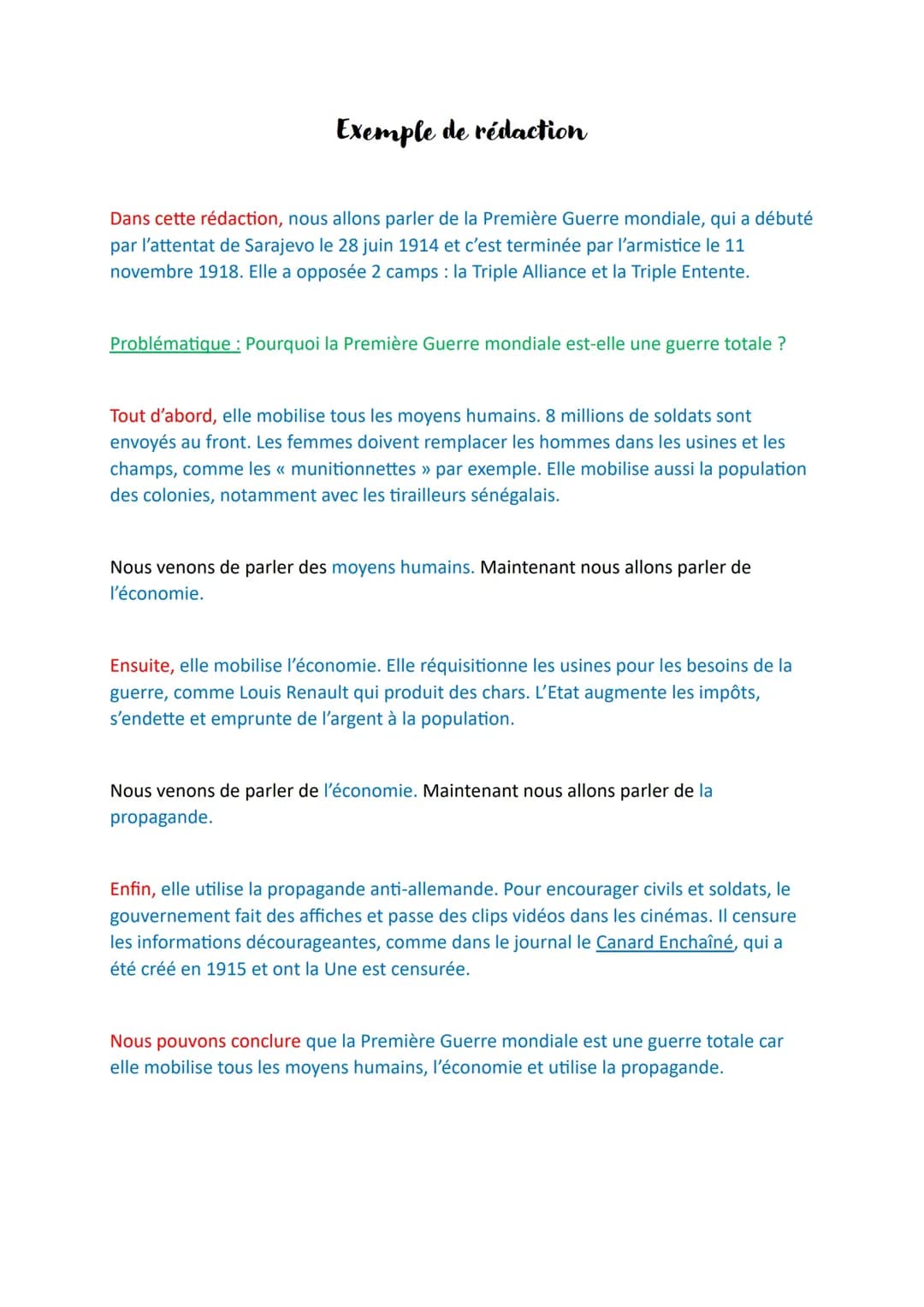 Exemple de rédaction sur : Pourquoi la Première Guerre mondiale est une guerre totale?