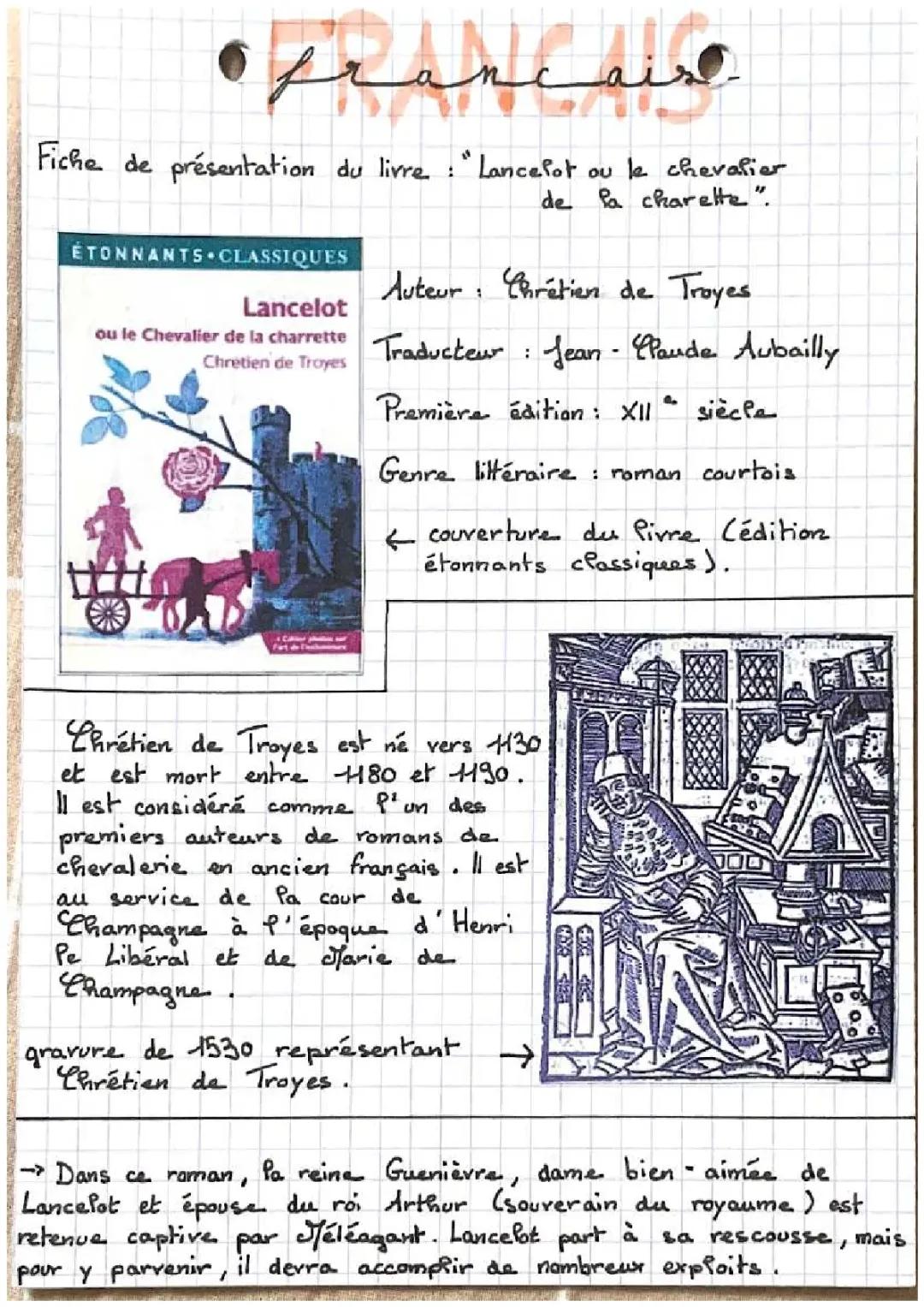 Corrigé et Résumé Lancelot ou le Chevalier de la Charrette: PDF et par Chapitres (Niveau 5ème)