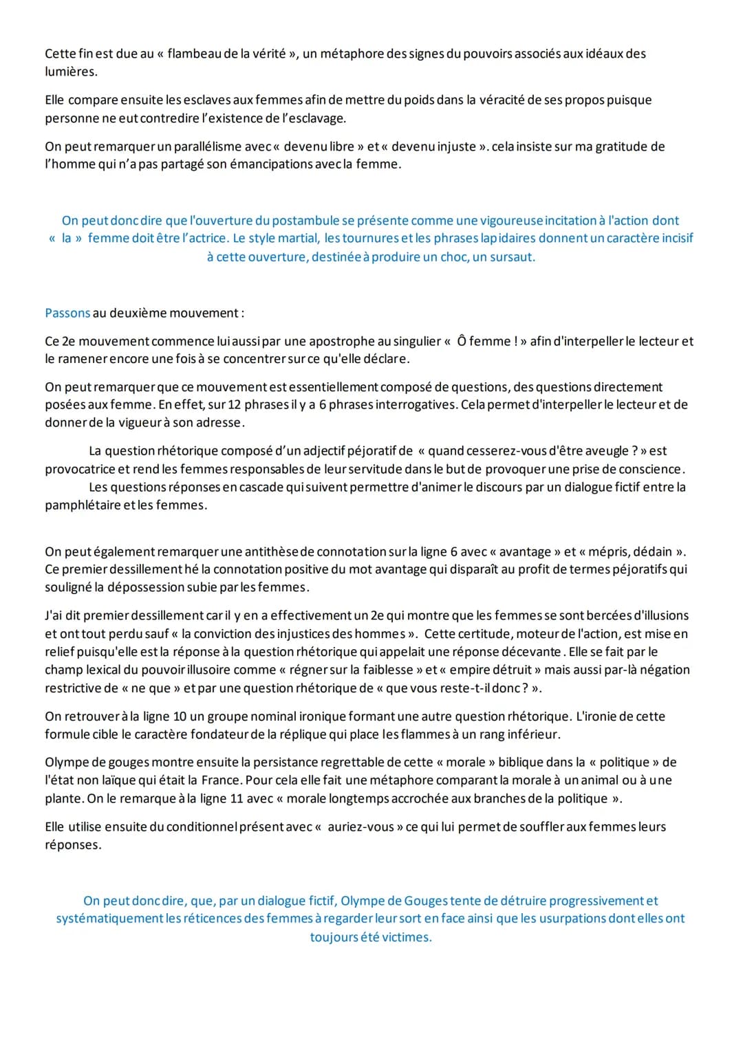 Analyse linéaire 10 postambule
Olympe de Gouges publie la déclaration des droits de la femme et de la citoyenne en 1791, soit 2 ans après la