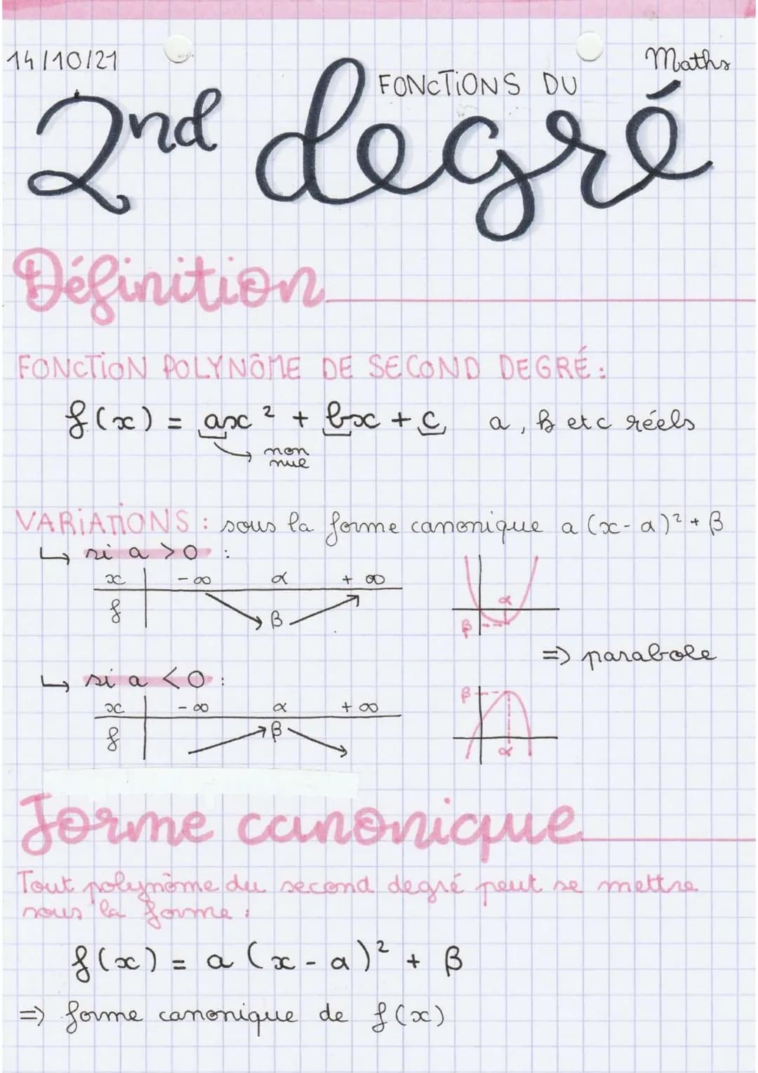 
<h2 id="dfinition">Définition</h2>
<p>Une fonction polynôme de second degré est de la forme : f(x) = ax² + bx + c, avec a, b, et c réels.</