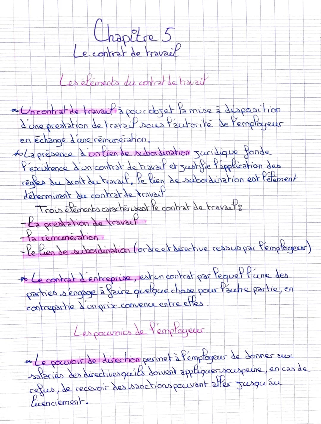 Chapitre 5
Le contrat de travail
Les éléments du contrat de travail.
* Un contrat de travail à pour objet la mise à disposition.
d'une prest