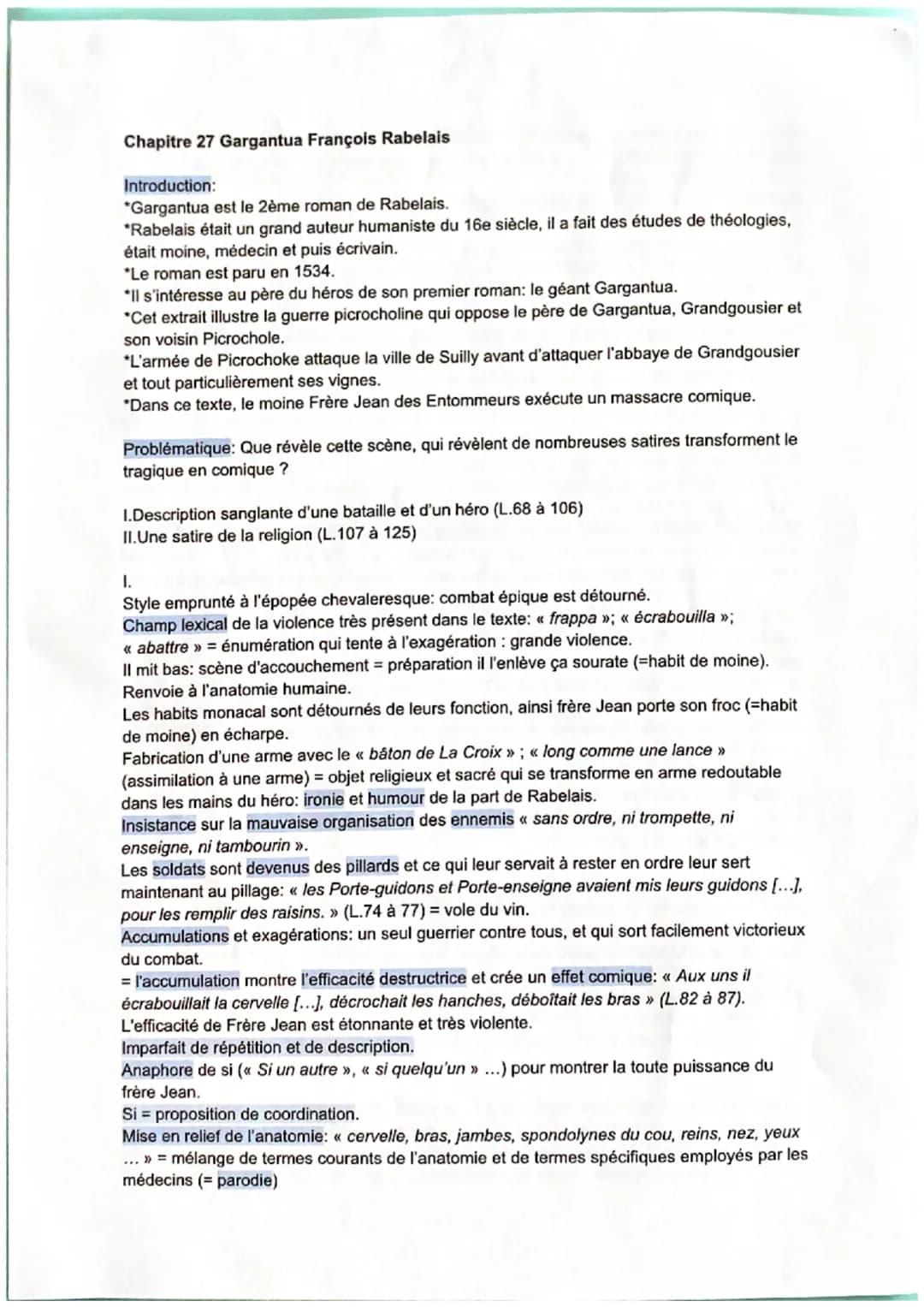 Chapitre 27 Gargantua François Rabelais
Introduction:
*Gargantua est le 2ème roman de Rabelais.
*Rabelais était un grand auteur humaniste du