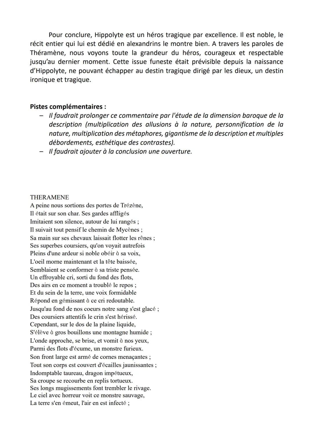 Commentaire de texte
Le récit de Théramène
Phèdre est une pièce de théâtre écrit par Jean Racine et paru en 1677. C'est une
tragédie, une œu