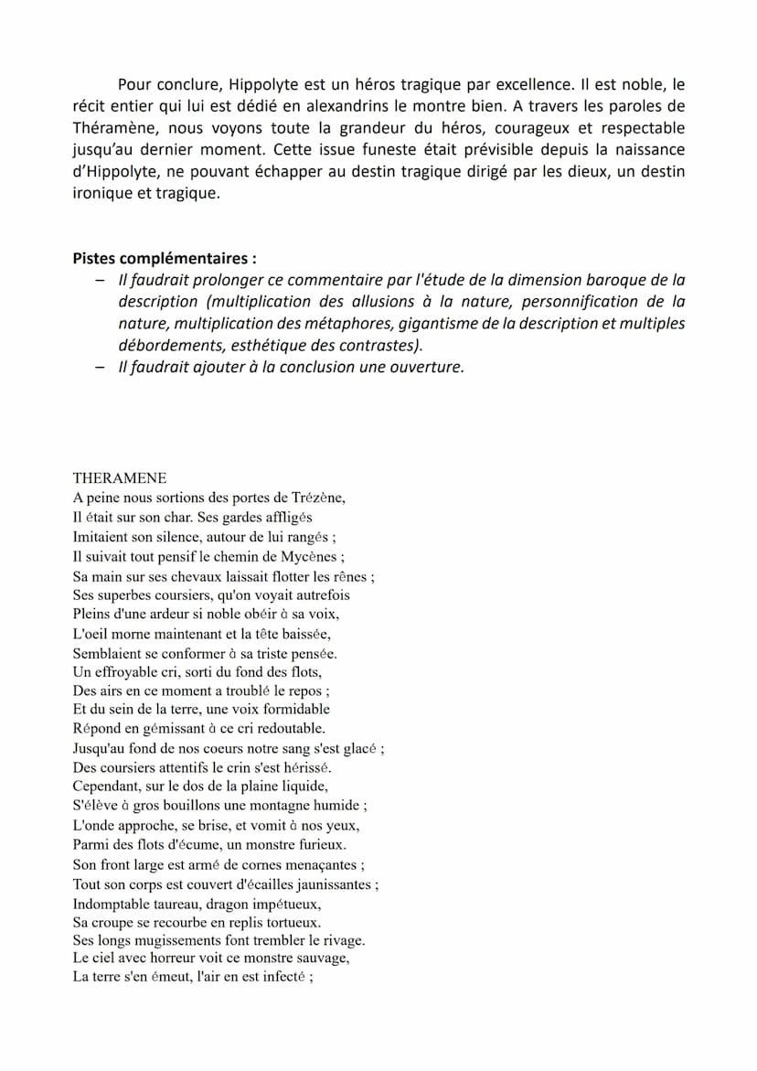 Commentaire de texte
Le récit de Théramène
Phèdre est une pièce de théâtre écrit par Jean Racine et paru en 1677. C'est une
tragédie, une œu