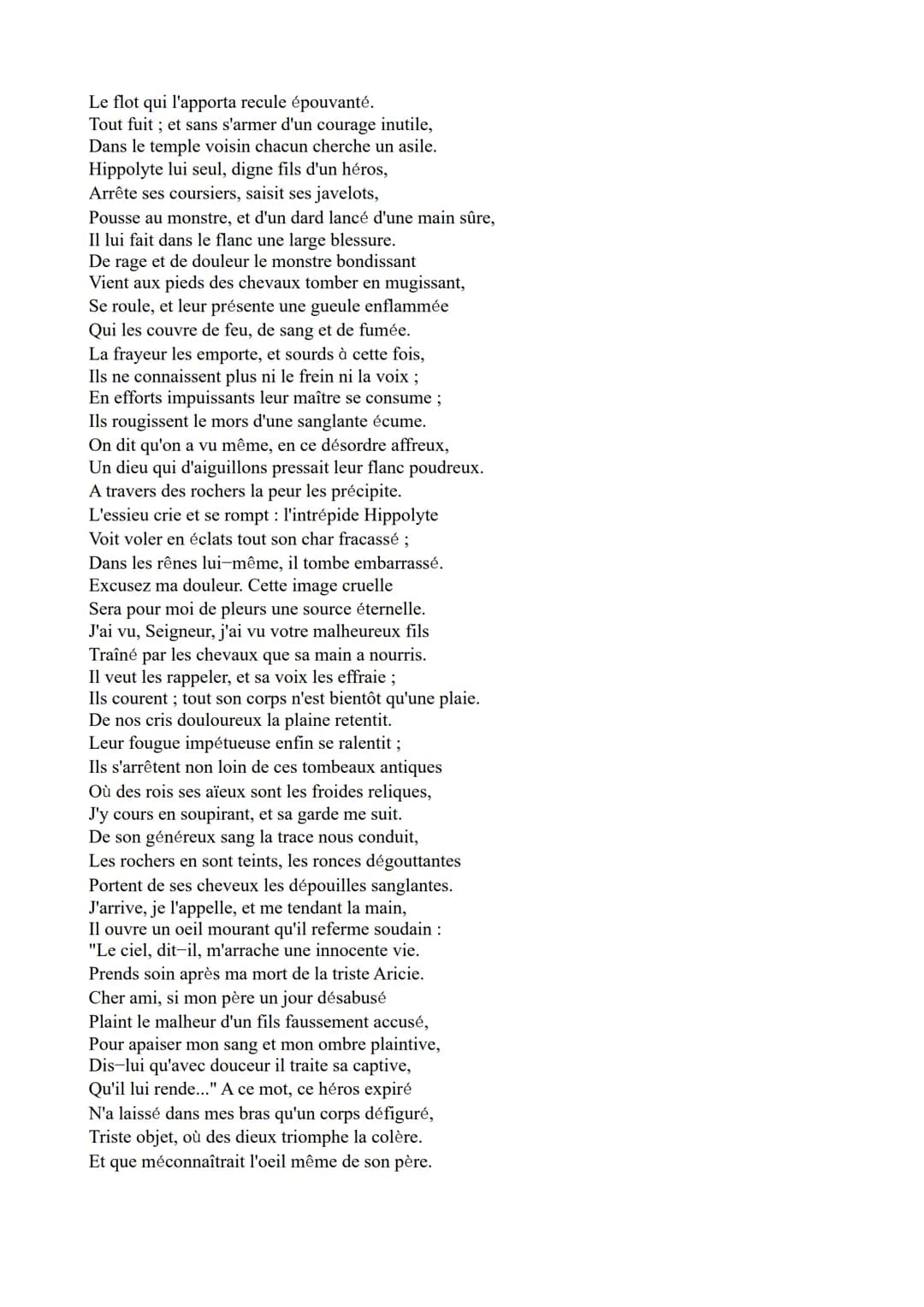 Commentaire de texte
Le récit de Théramène
Phèdre est une pièce de théâtre écrit par Jean Racine et paru en 1677. C'est une
tragédie, une œu