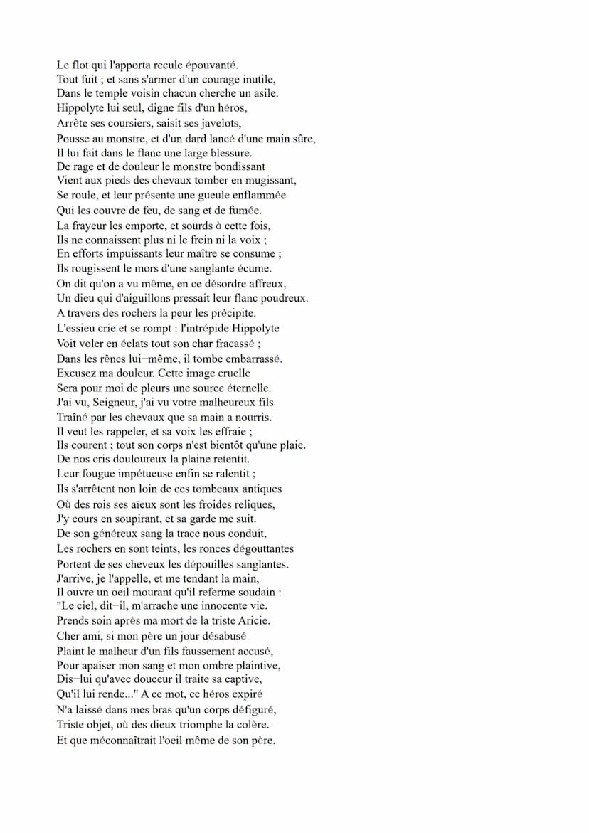 Commentaire de texte
Le récit de Théramène
Phèdre est une pièce de théâtre écrit par Jean Racine et paru en 1677. C'est une
tragédie, une œu