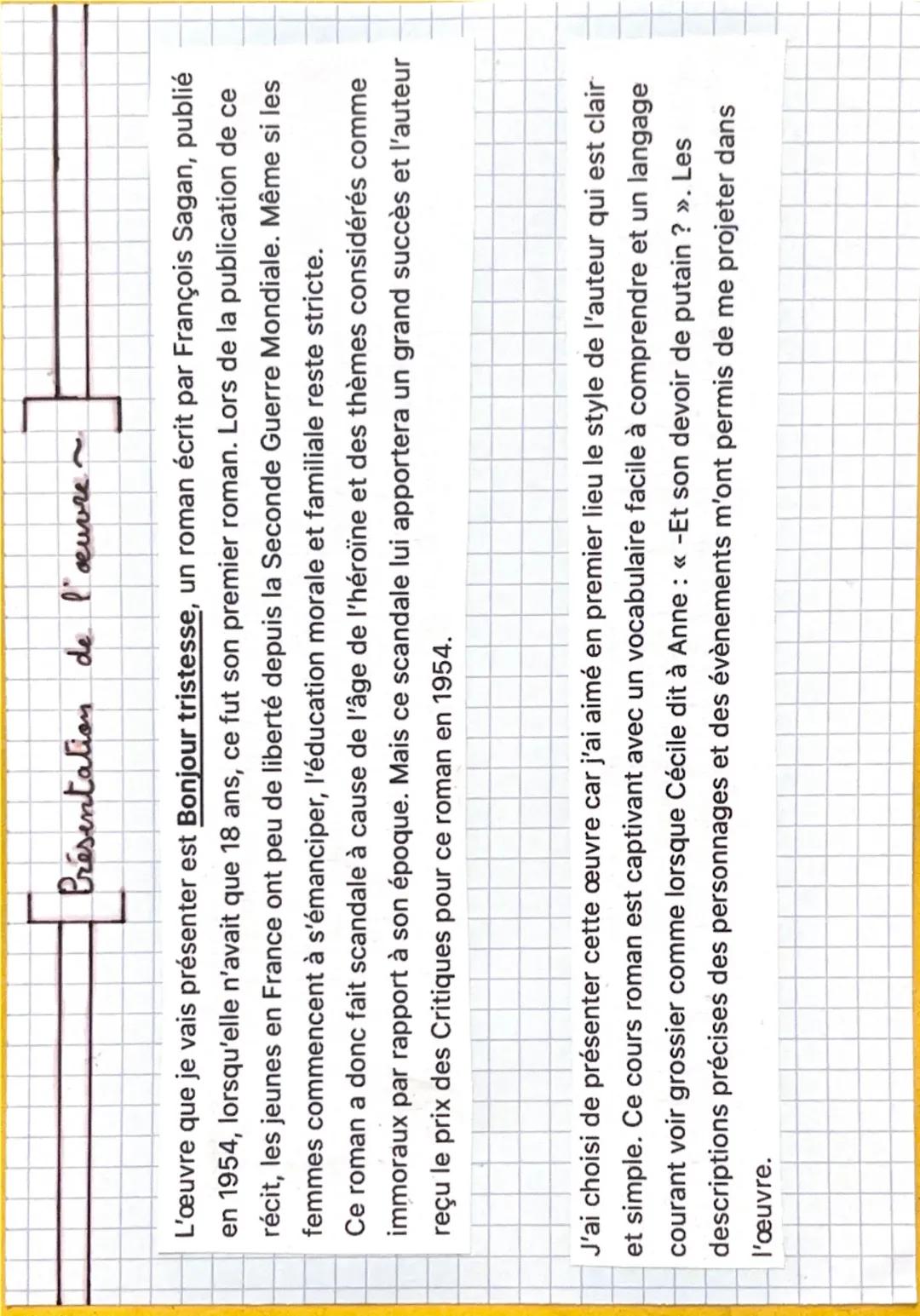 Présentation de l'œuvre~

L'œuvre que je vais présenter est Bonjour tristesse, un roman écrit par François Sagan, publié
en 1954, lorsqu'ell