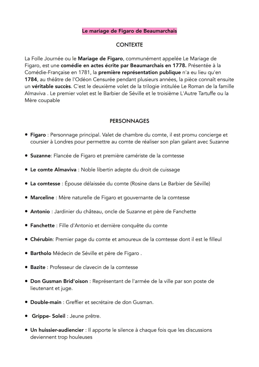 Le mariage de Figaro de Beaumarchais
CONTEXTE
La Folle Journée ou le Mariage de Figaro, communément appelée Le Mariage de
Figaro, est une co