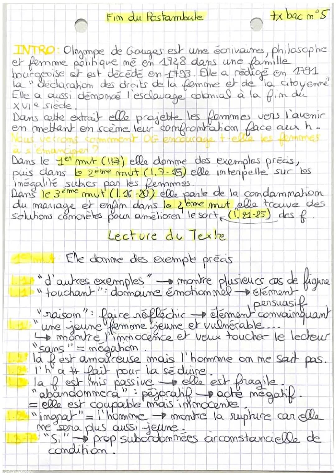 Analyse du Postambule et des Droits de la Femme par Olympe de Gouges (PDF inclus)